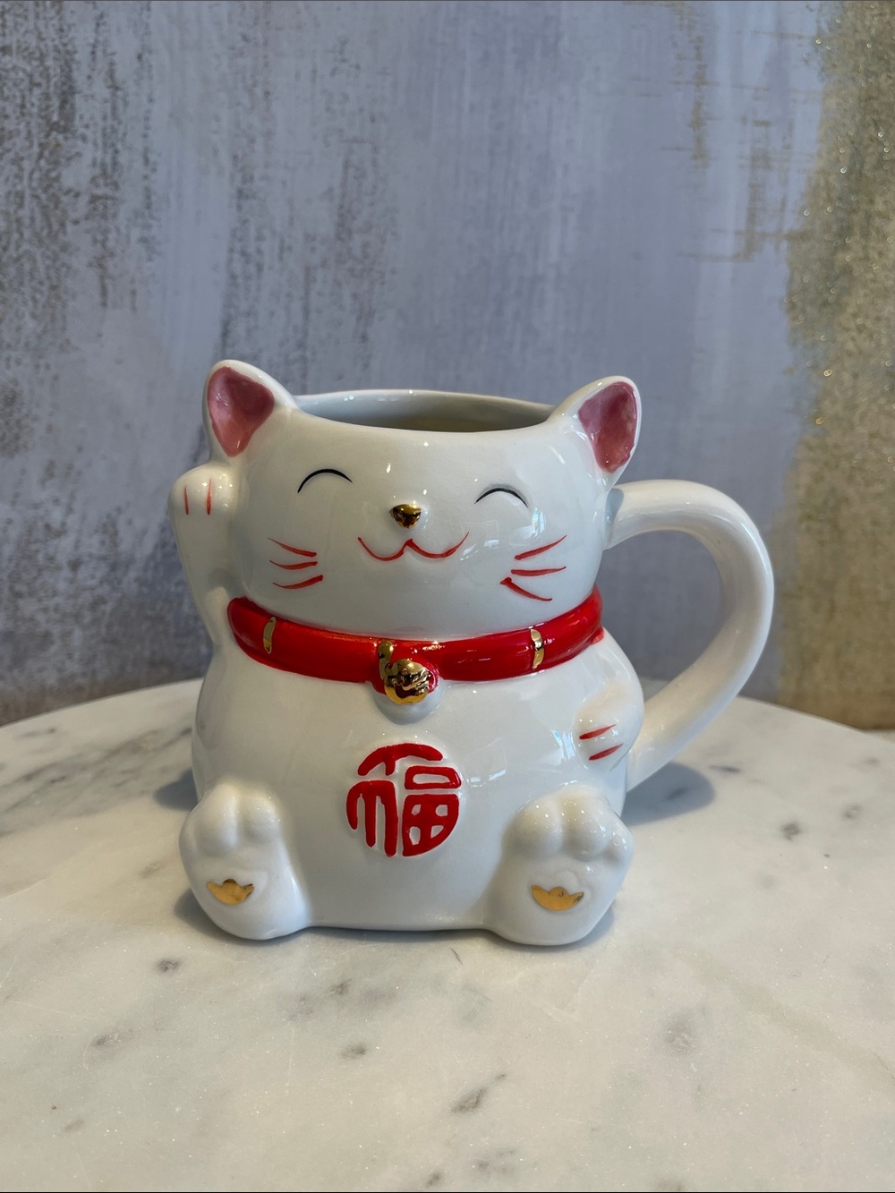 Waving Lucky 🍀 White & Red Cat 🐱 Ceramic Mug